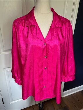 Vtg Laura & Jayne Two Fuchsia Pink Pleated Blouse Shantung Crinkle Shirt 80s 90s